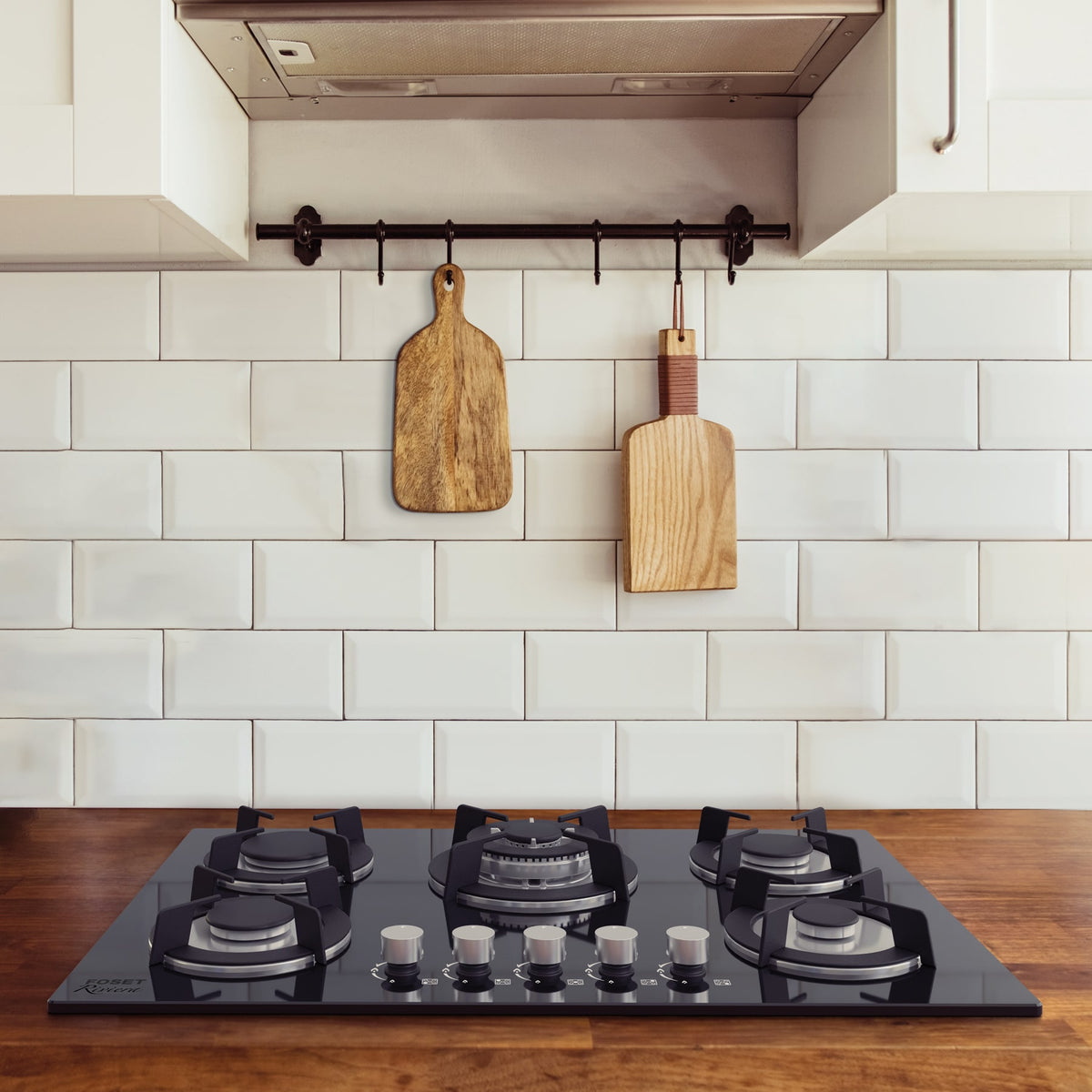Parrilla gas empotrable 75 cm, 5 quemadores, vidrio negro, RIVIERA