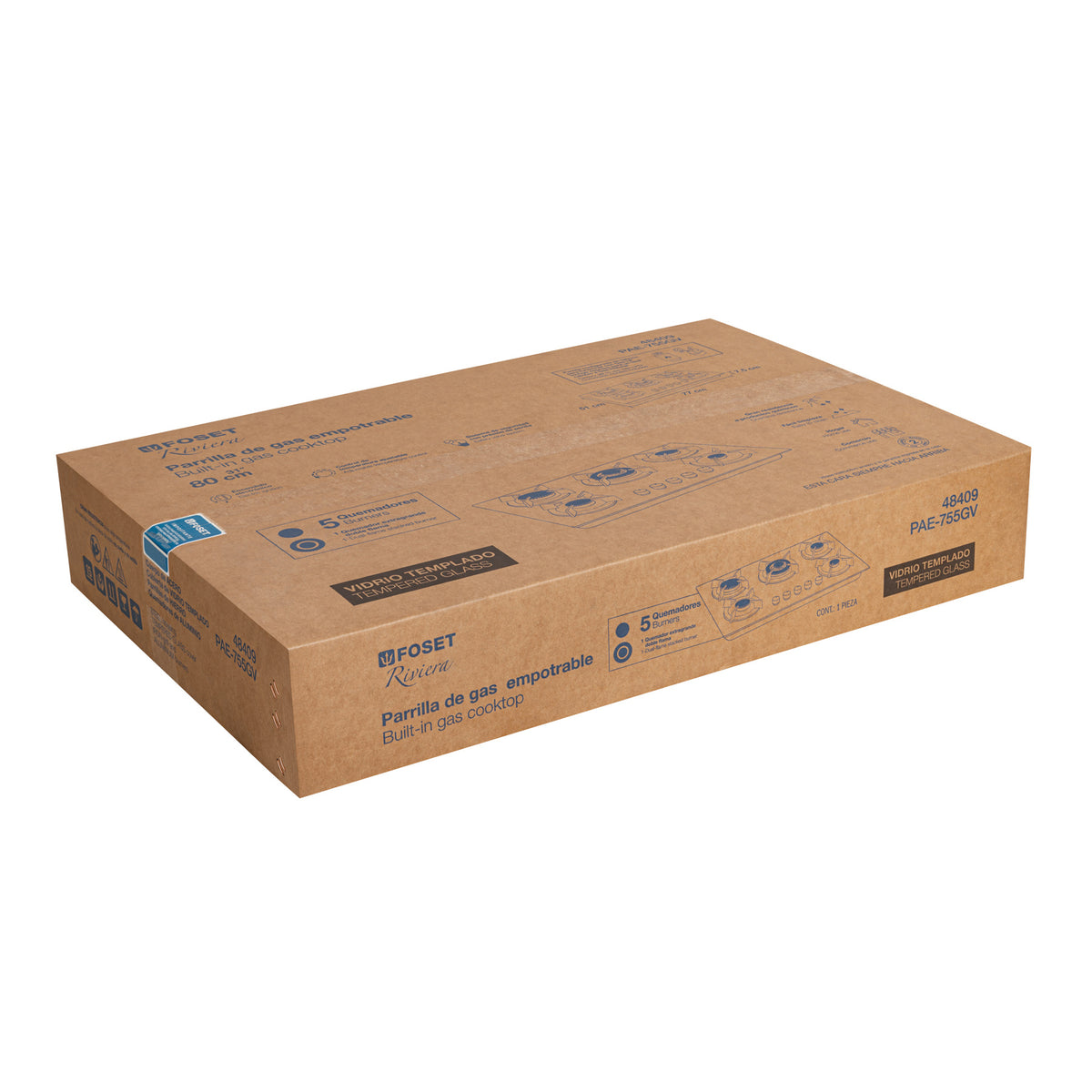 Parrilla gas empotrable 75 cm, 5 quemadores, vidrio negro, RIVIERA