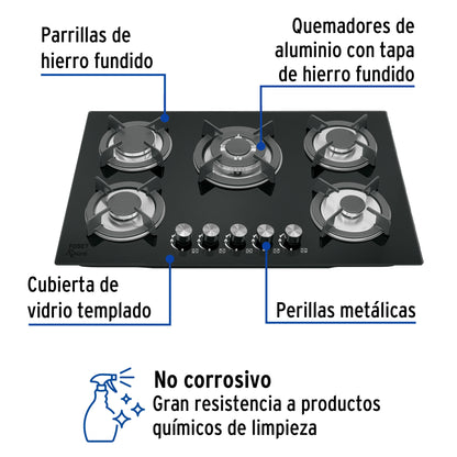 Parrilla gas empotrable 75 cm, 5 quemadores, vidrio negro, RIVIERA