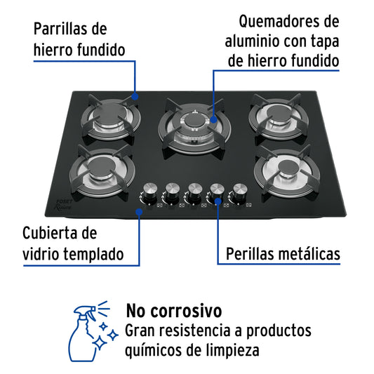 Parrilla gas empotrable 75 cm, 5 quemadores, vidrio negro, RIVIERA
