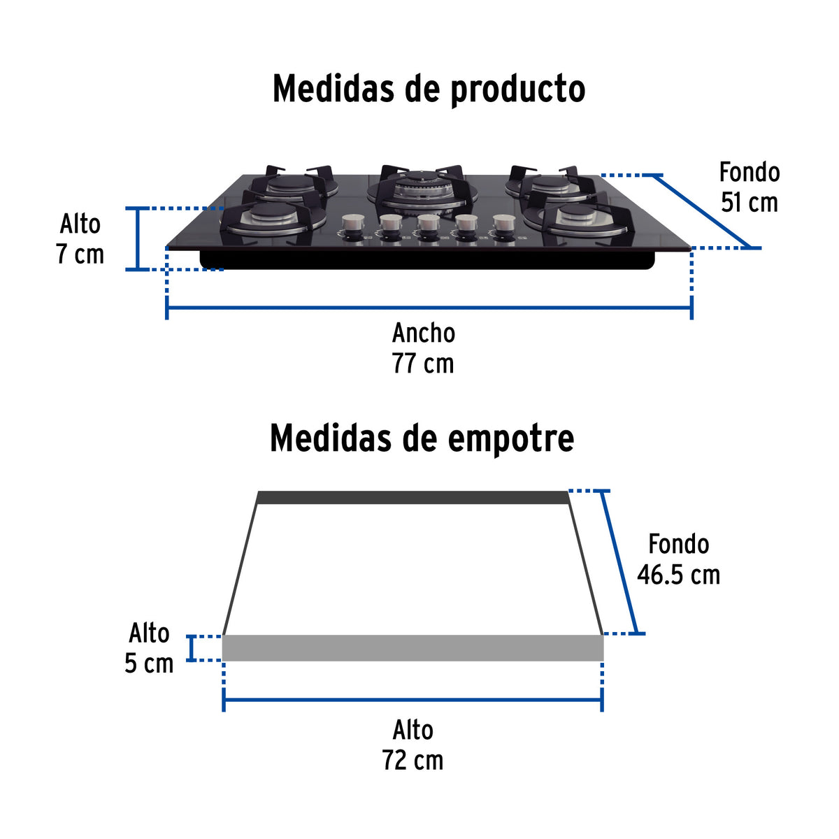 Parrilla gas empotrable 75 cm, 5 quemadores, vidrio negro, RIVIERA