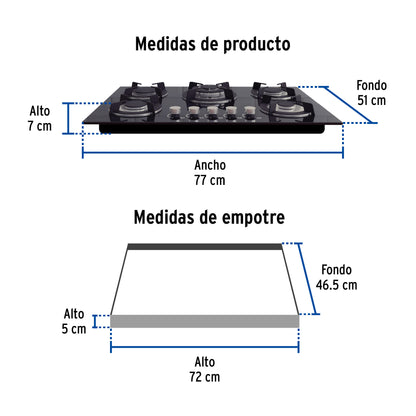 Parrilla gas empotrable 75 cm, 5 quemadores, vidrio negro, RIVIERA