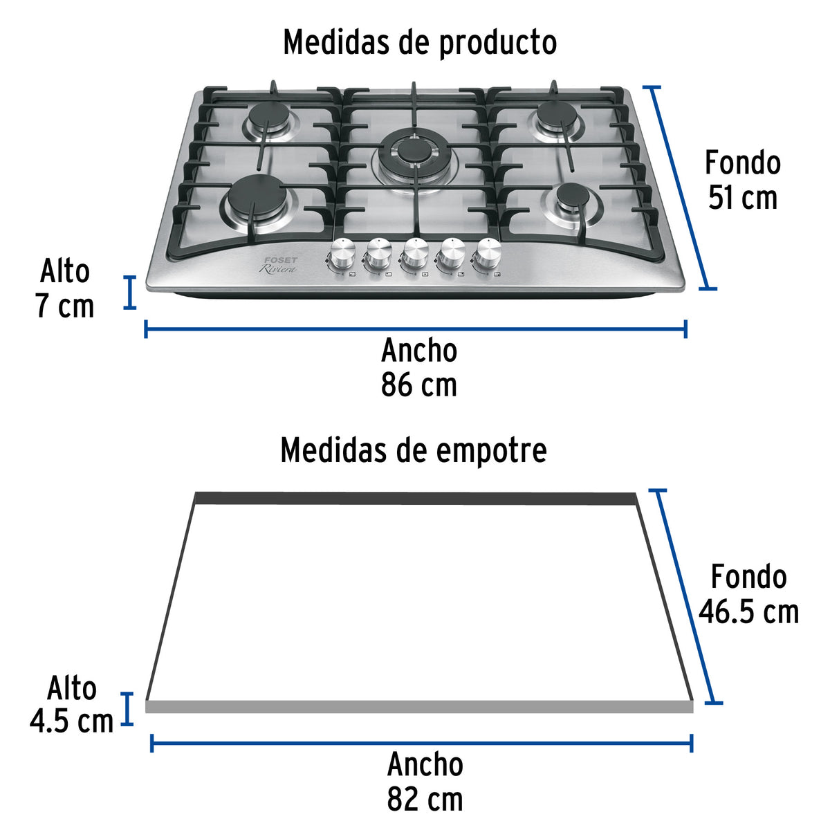 Parrilla gas empotrable 90 cm, 5 quemadores, acero inox, RIVIERA