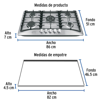 Parrilla gas empotrable 90 cm, 5 quemadores, acero inox, RIVIERA