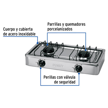 Parrilla de gas de sobreponer 2 quemadores, inox, FOSET