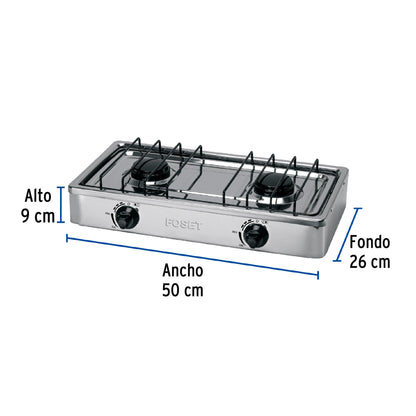 Parrilla de gas de sobreponer 2 quemadores, inox, FOSET