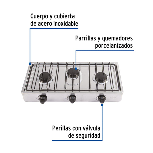 Parrilla gas sobreponer 60 cm,3 quemadores, inoxidable, FOSET
