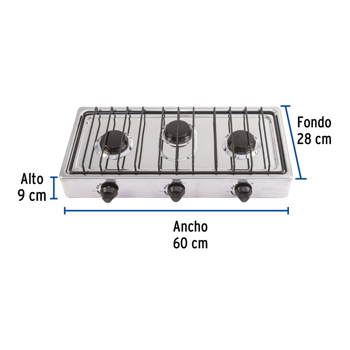 Parrilla gas sobreponer 60 cm,3 quemadores, inoxidable, FOSET
