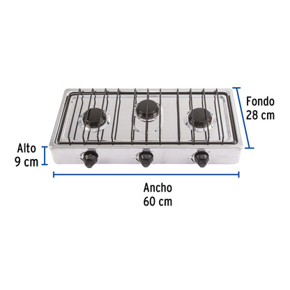 Parrilla gas sobreponer 60 cm,3 quemadores, inoxidable, FOSET