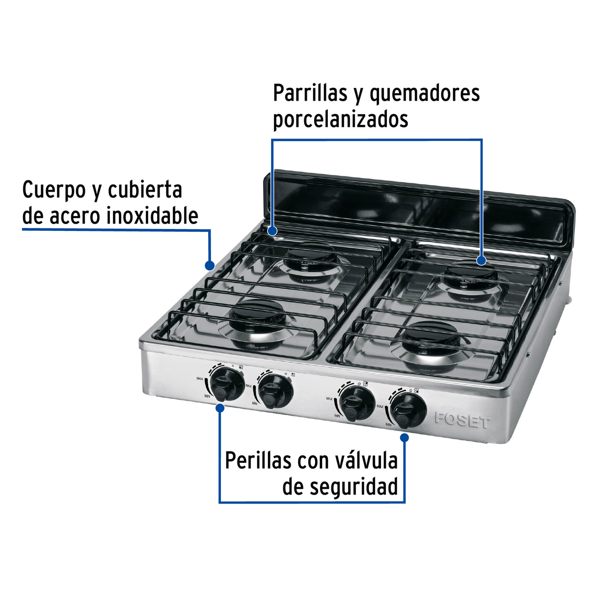 Parrilla de gas de sobreponer 4 quemadores, inox, FOSET