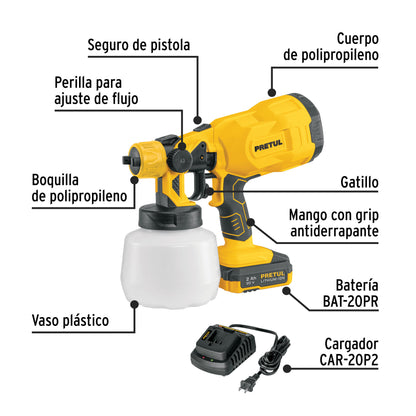 Pistola para pintar 20 V, 1 batería 2 Ah, PRETUL
