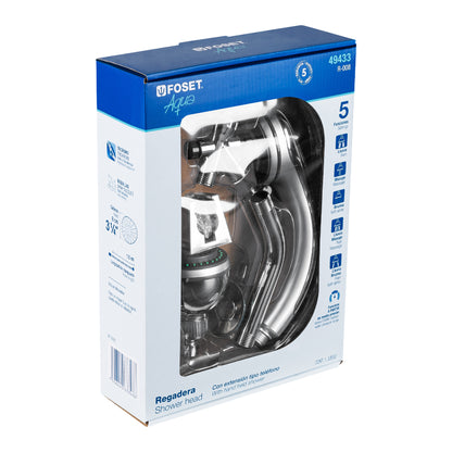 Regadera doble fija y teléfono 3-1/4”, 5 funciones, AQUA