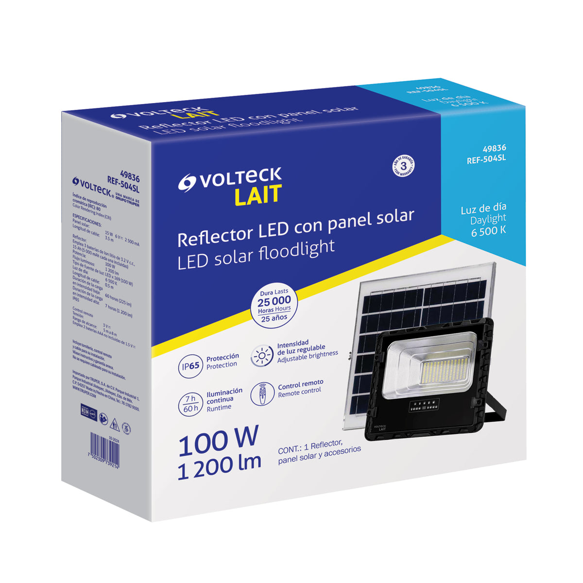 Reflector LED con panel solar 100 W, 6500 K, Volteck