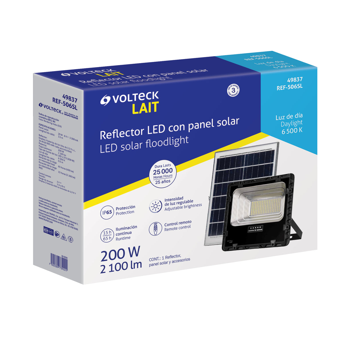 Reflector LED con panel solar 200 W, 6500 K, Volteck