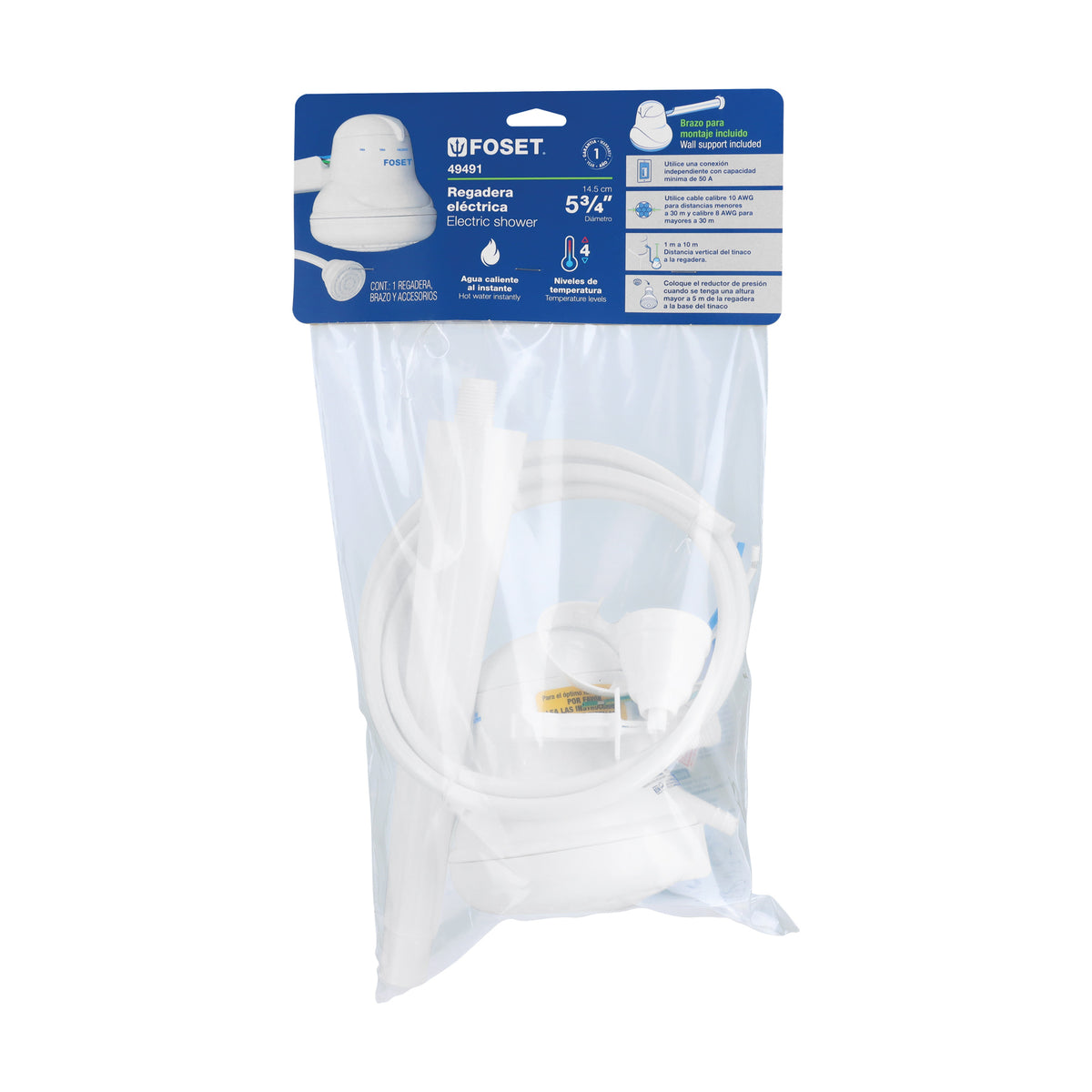 Regadera eléctrica, 4 temperaturas, 14.5 cm, blanca, FOSET