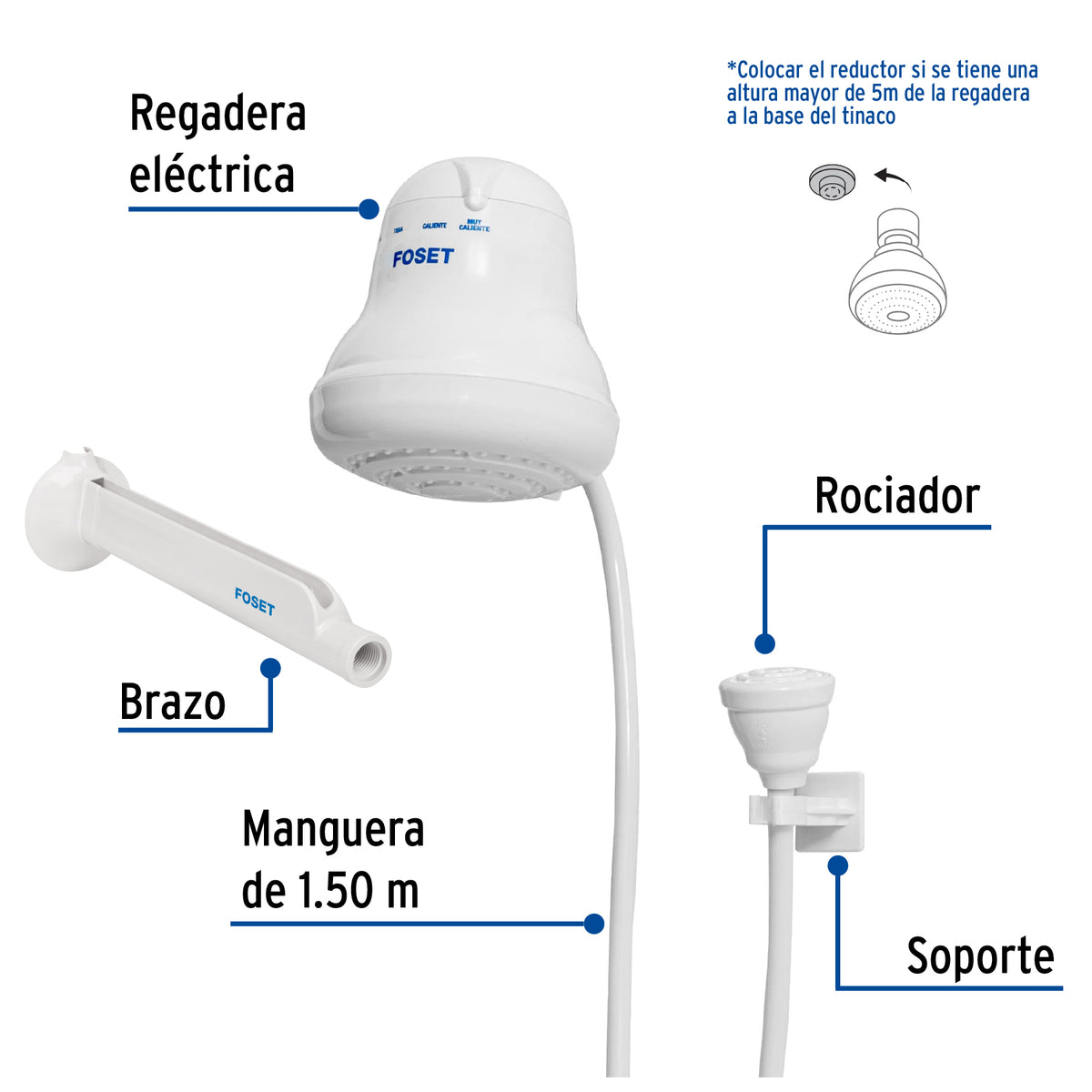 Regadera eléctrica, 4 temperaturas, 14.5 cm, blanca, FOSET