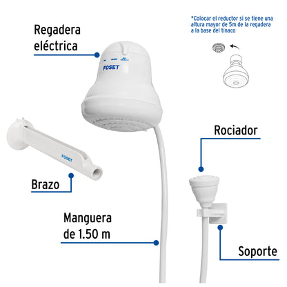 Regadera eléctrica, 4 temperaturas, 14.5 cm, blanca, FOSET