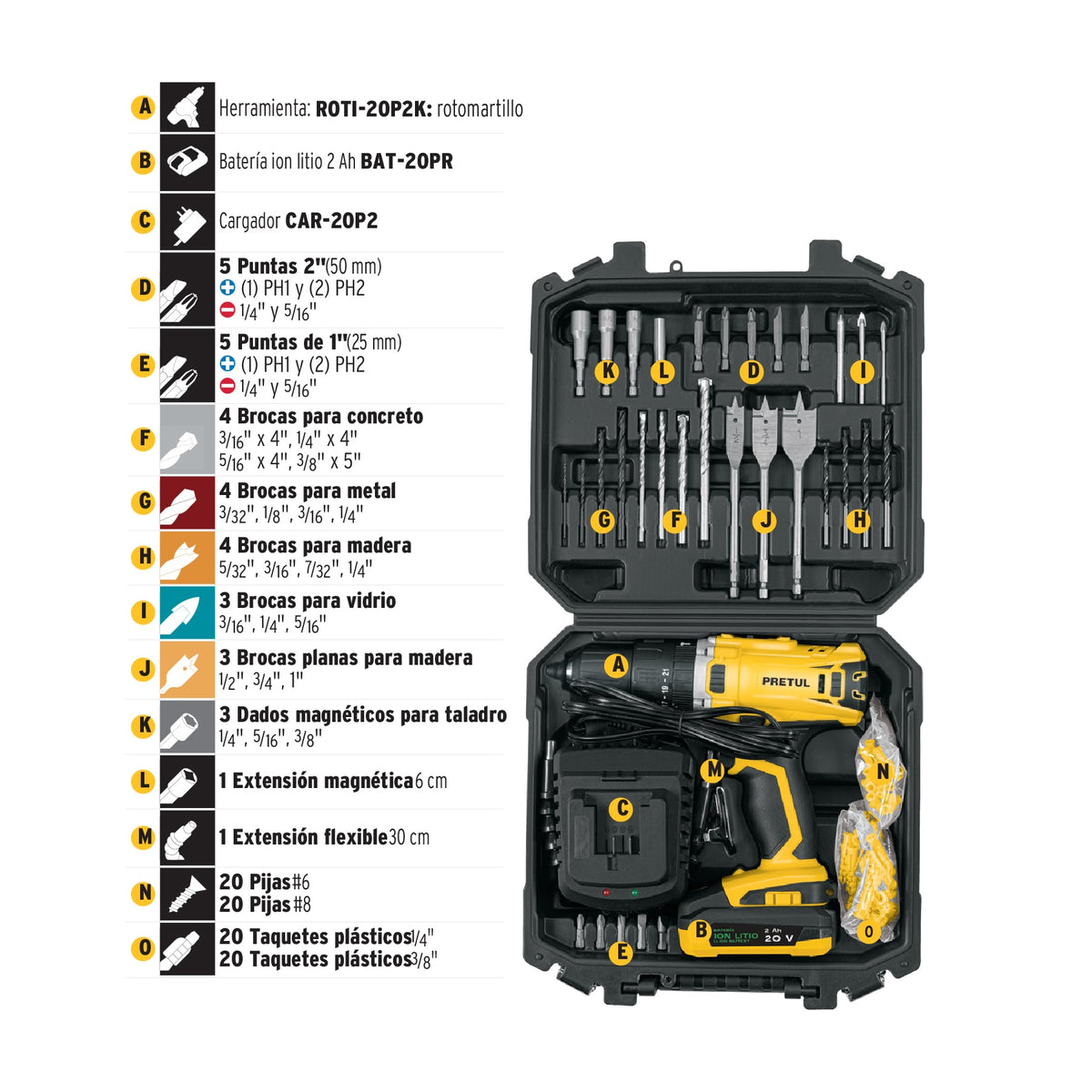 Kit rotomartillo/destornillador 1/2", 20V, 32 acc., PRETUL