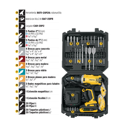 Kit rotomartillo/destornillador 1/2”, 20 V, 32 accesorios, PRETUL