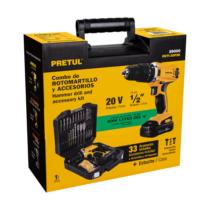 Kit rotomartillo/destornillador 1/2”, 20 V, 32 accesorios, PRETUL