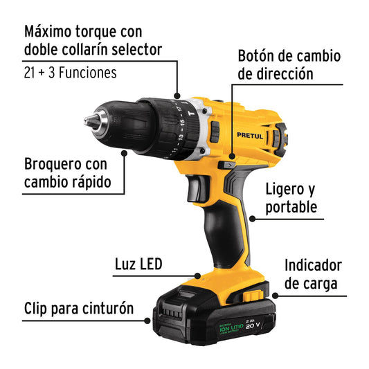 Kit rotomartillo/destornillador 1/2”, 20 V, 32 accesorios, PRETUL