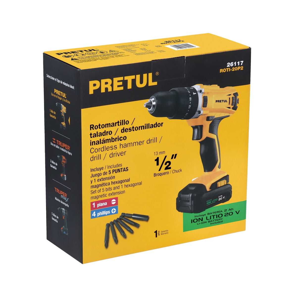 Rotomartillo/destornillador 1/2”, 20 V, 1 batería 2 Ah, PRETUL