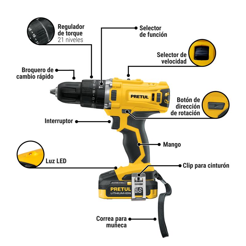 Rotomartillo/destornillador 1/2”, 20 V, 1 batería 2 Ah, PRETUL