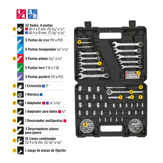 Juego de 71 herramientas 1/4” y 3/8” para mecánico, PRETUL