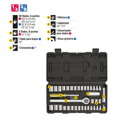 Juego de 39 herramientas 1/4” y 3/8” para mecánico, PRETUL