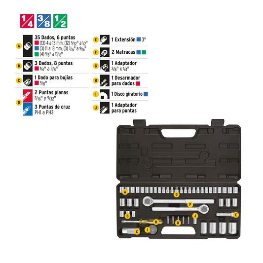 Juego de 51 herramientas 1/4”, 3/8” y 1/2” para mecánico, PRETUL