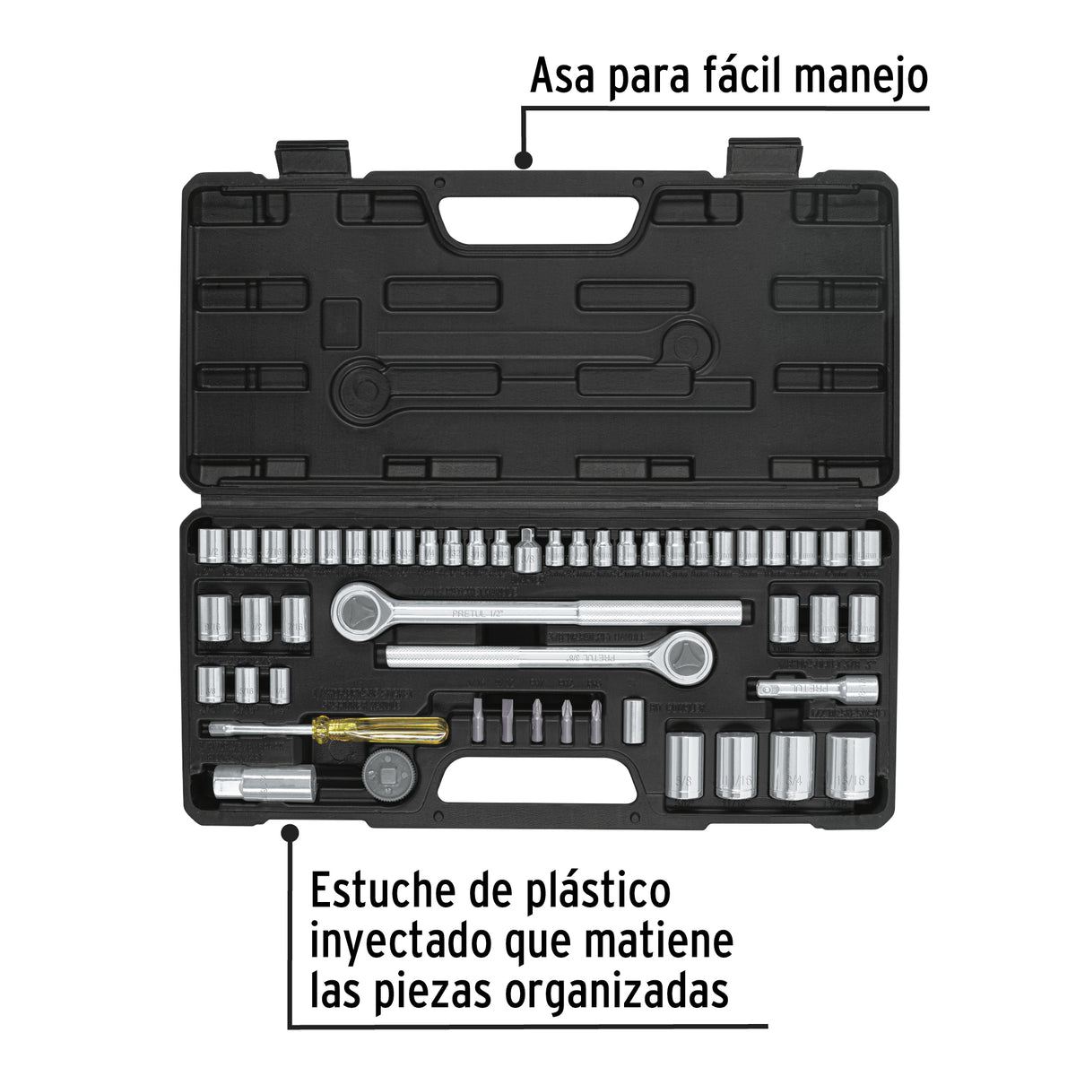 Juego de 51 herramientas 1/4”, 3/8” y 1/2” para mecánico, PRETUL