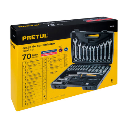 Juego de 70 herramientas 1/4” y 3/8” para mecánico, PRETUL