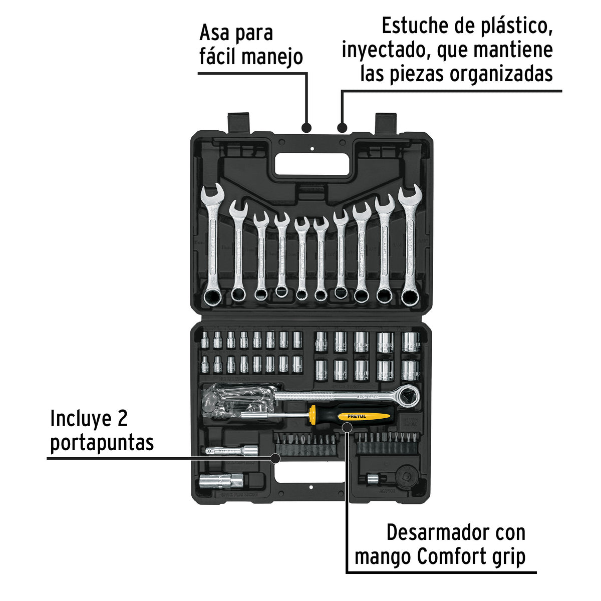 Juego de 70 herramientas 1/4” y 3/8” para mecánico, PRETUL