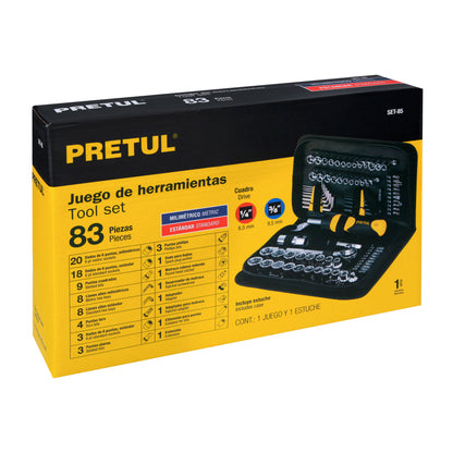 Juego de 83 herramientas 1/4” y 3/8” para mecánico, PRETUL