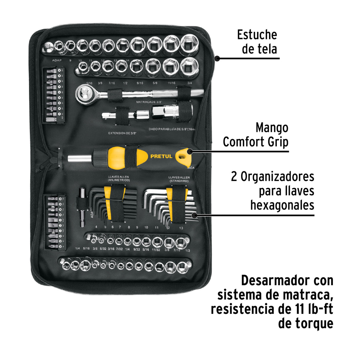 Juego de 83 herramientas 1/4” y 3/8” para mecánico, PRETUL