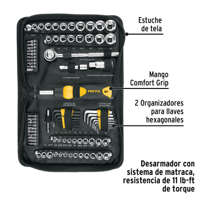 Juego de 83 herramientas 1/4” y 3/8” para mecánico, PRETUL