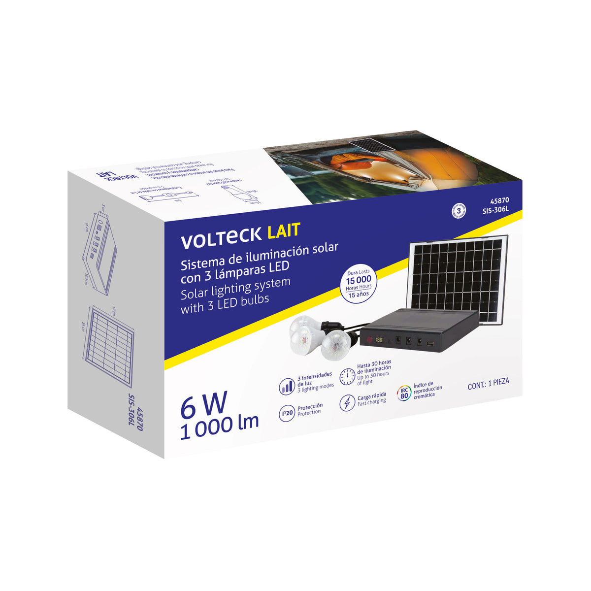 Sistema de iluminación solar 6 W con 3 lámparas LED, Volteck