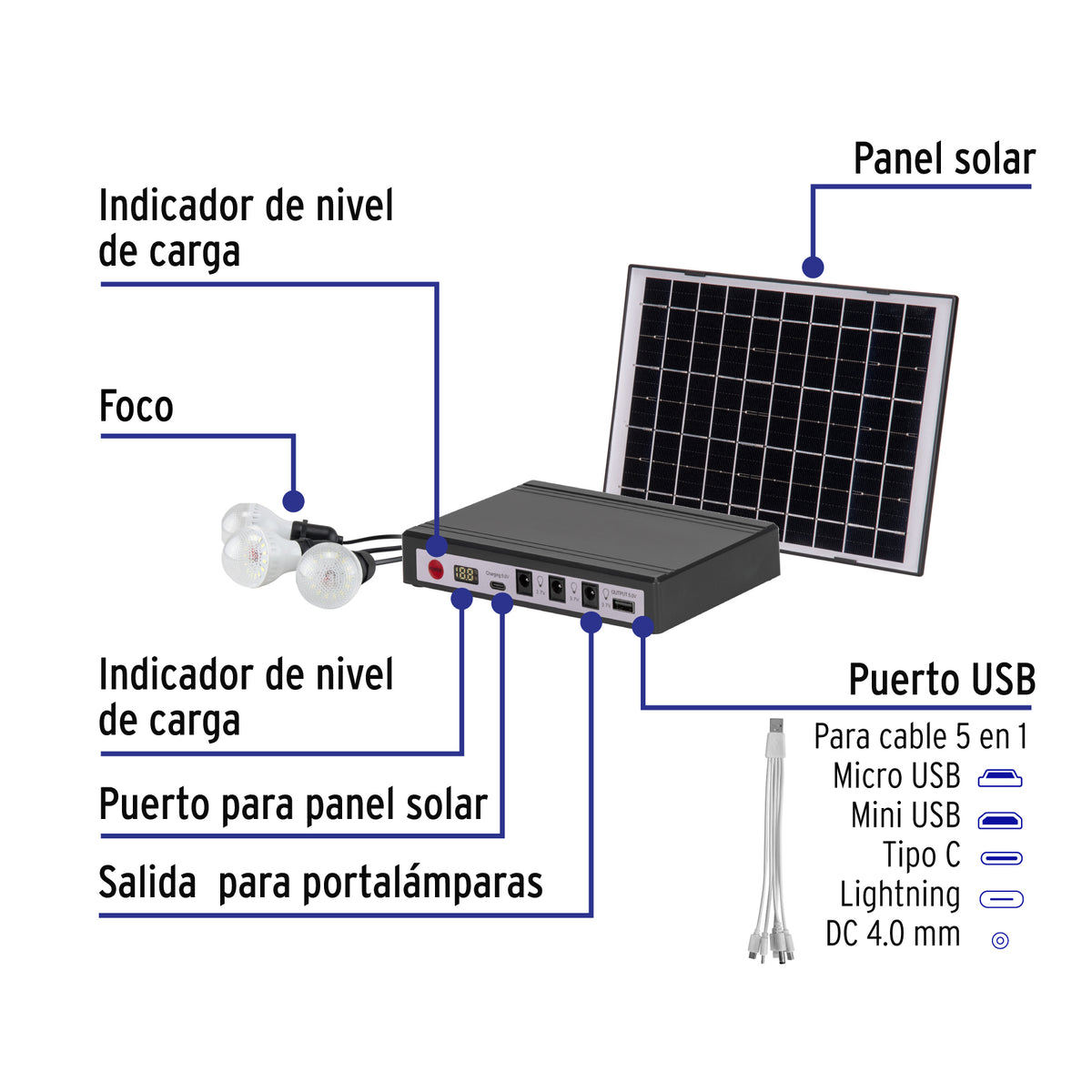 Sistema de iluminación solar 6 W con 3 lámparas LED, Volteck