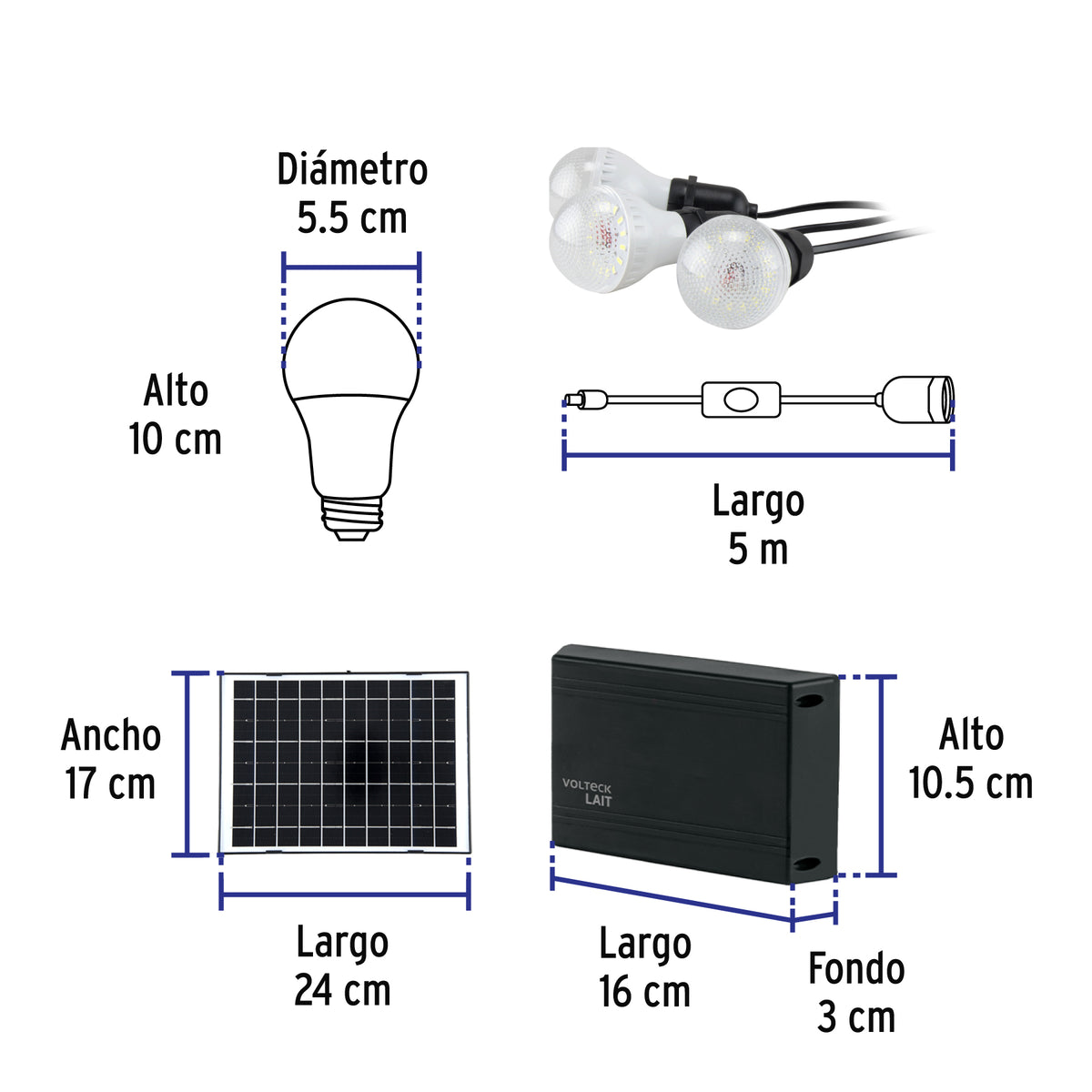 Sistema de iluminación solar 6 W con 3 lámparas LED, Volteck