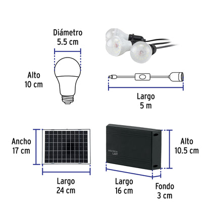 Sistema de iluminación solar 6 W con 3 lámparas LED, Volteck