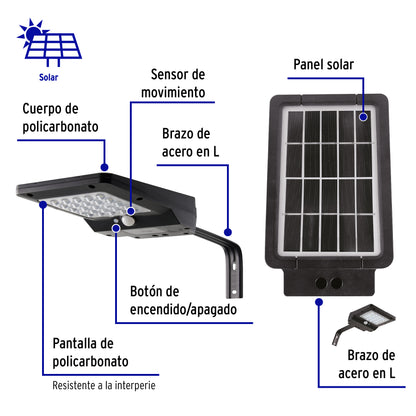 Luminario suburbano solar LED 4 W, 6500 K, con sensor de luz
