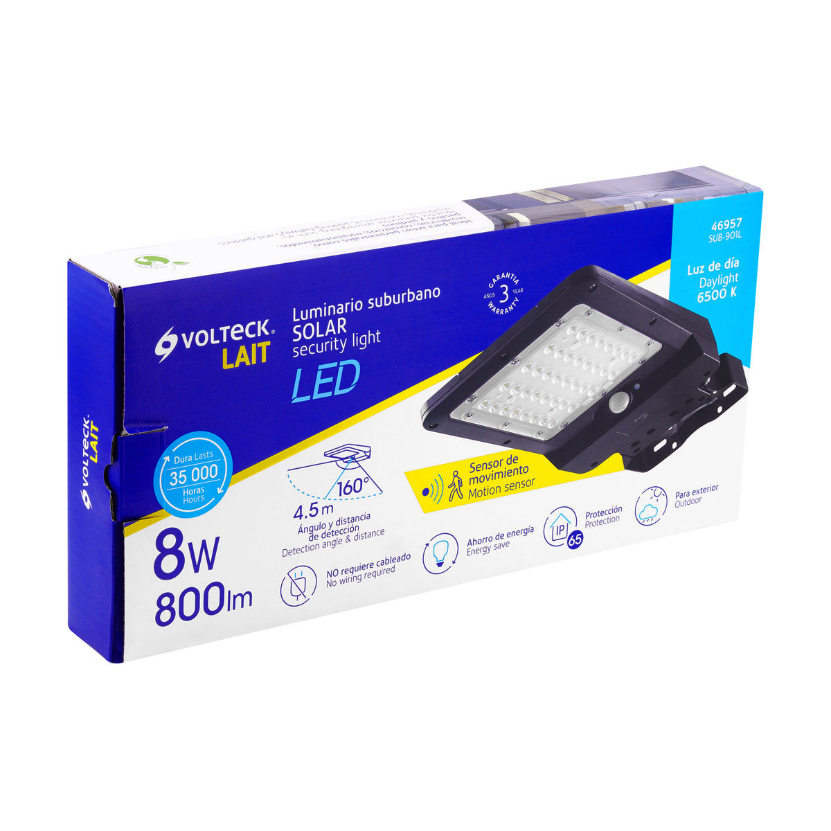Luminario suburbano solar LED 8 W, 6500 K, con sensor de luz