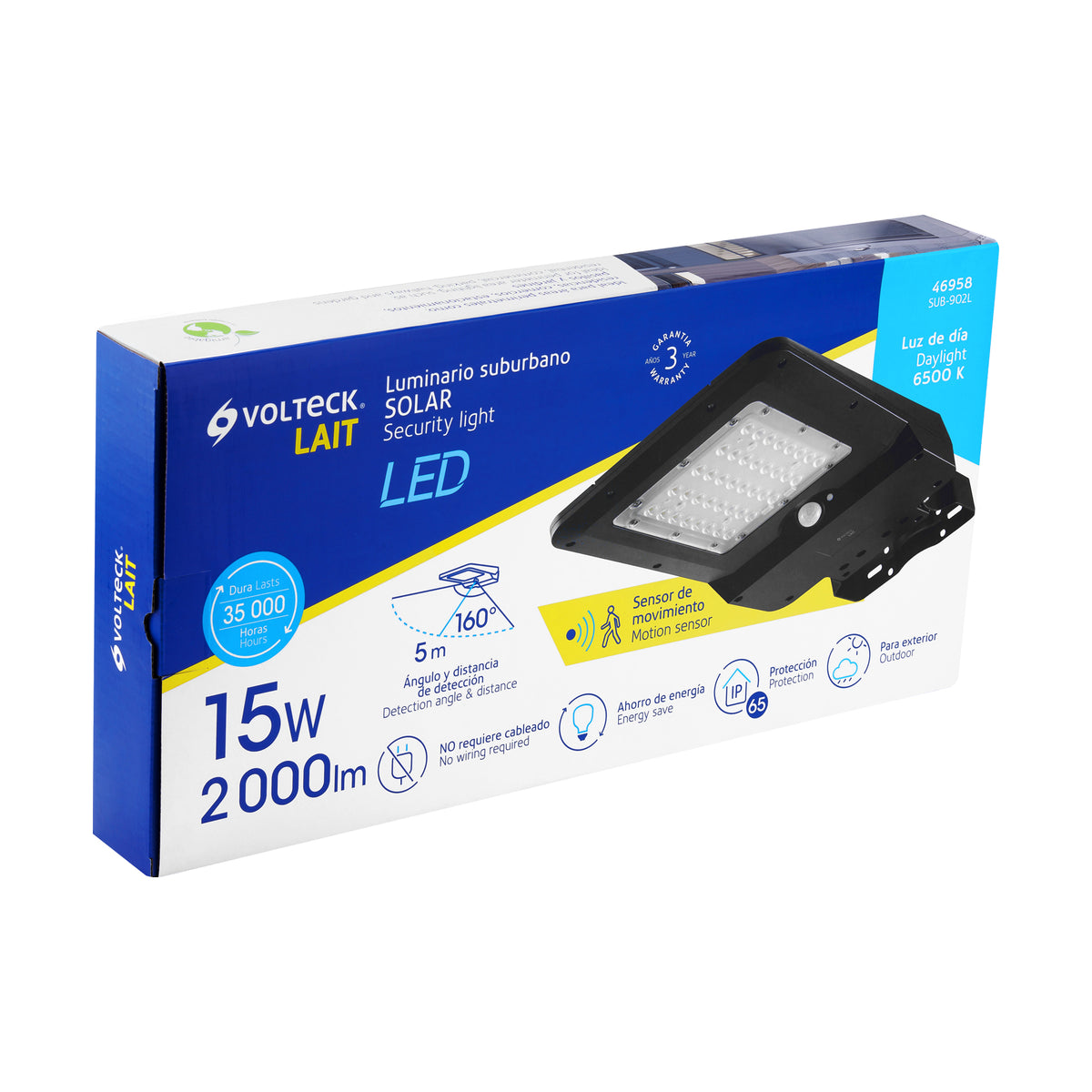 Luminario suburbano solar LED 15 W, 6500 K, con sensor de luz