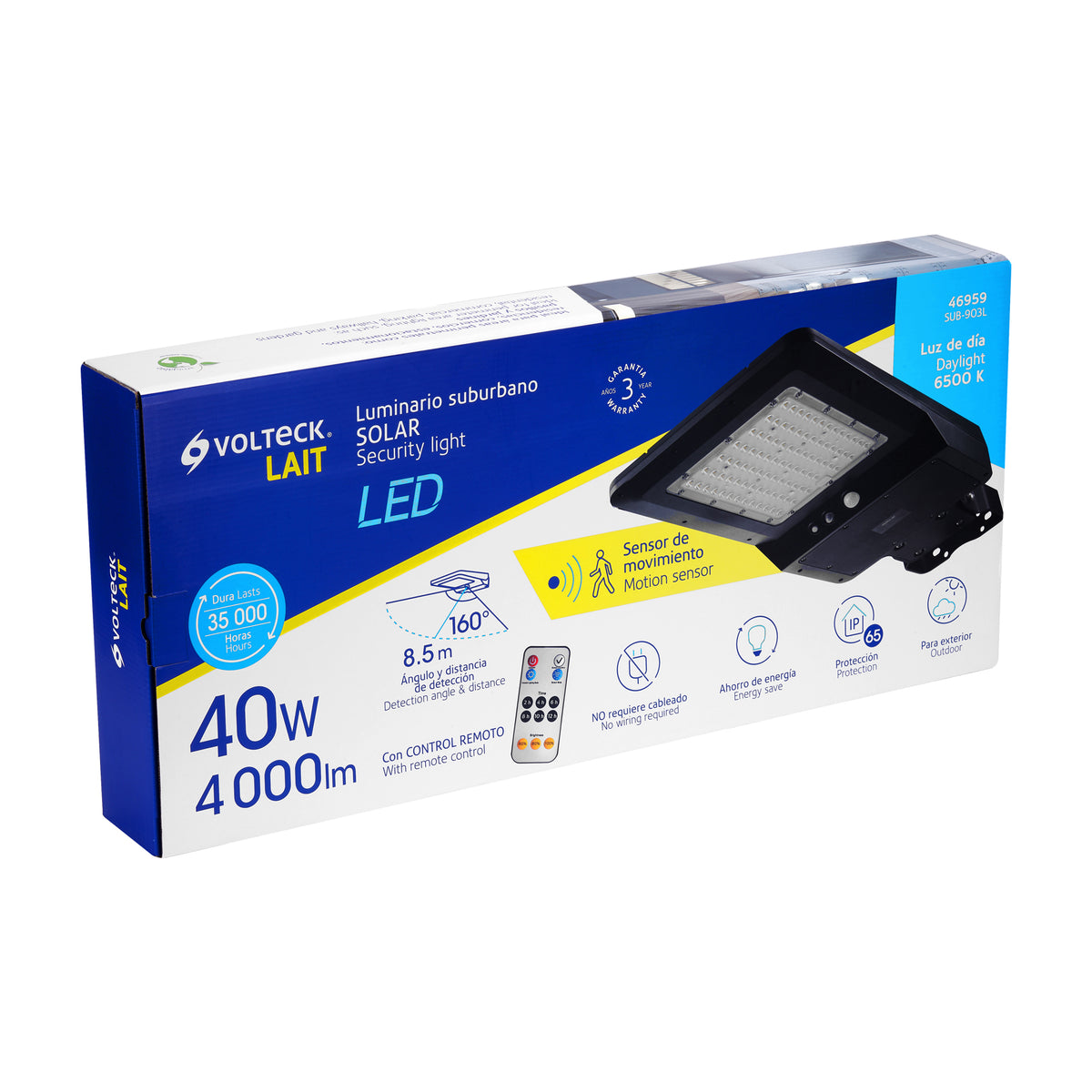 Luminario suburbano solar LED 40 W, 6500 K, con control remoto