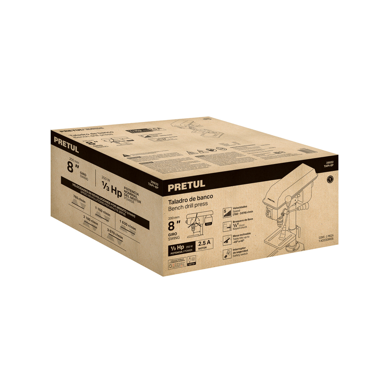 Taladro de banco 8”, 1/3 HP (250 W), broquero 1/2”, PRETUL