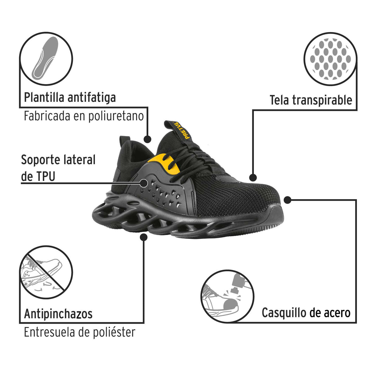 Tenis de seguridad #26, casquillo metálico, negros, PRETUL